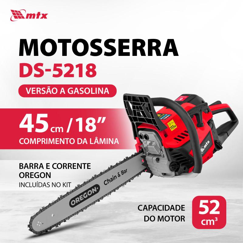 Motosserra a gasolina ds-5218 52cc, 2,5hp bar18 oregon passo 0,325